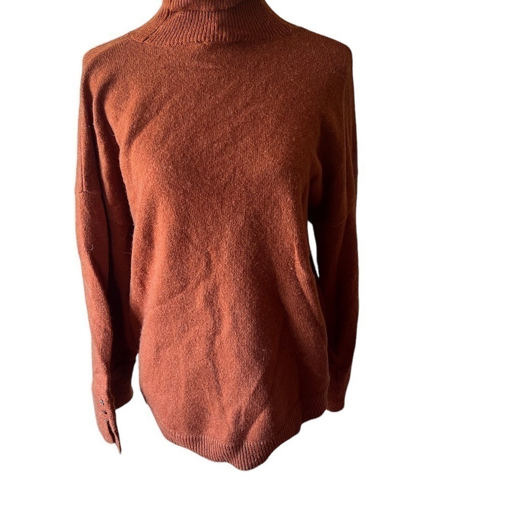 Michael Kors Women Turtleneck Sweater Orange Ribbed Knit Button Cuff‎ Detail XL